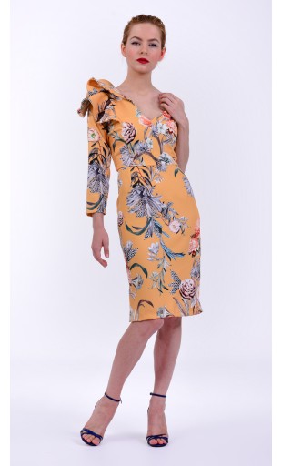 VESTIDO GALA MOSTAZA
